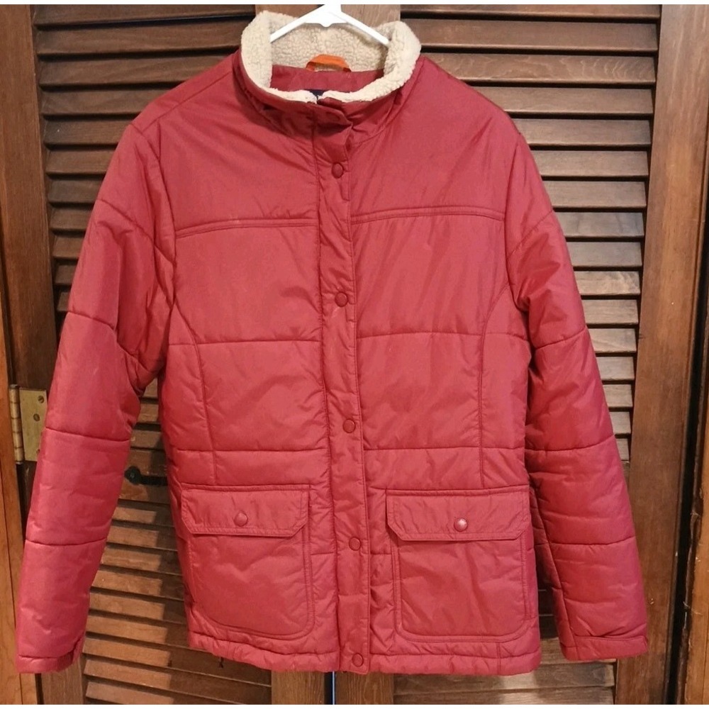 Vintage Lands End Jacket M‎ 10 Red Quilted Puffer Fleece Collar Utility Gorpcore
